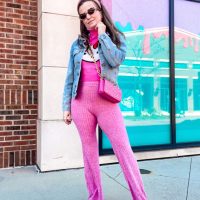 Pink Hello Kitty Turtleneck And Pink Flare Leg Ribbed Knit Pants
